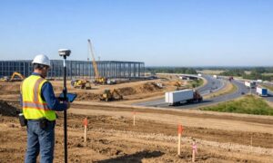 A land surveyor uses GPS equipment at a warehouse development site beside a major highway while construction is underway