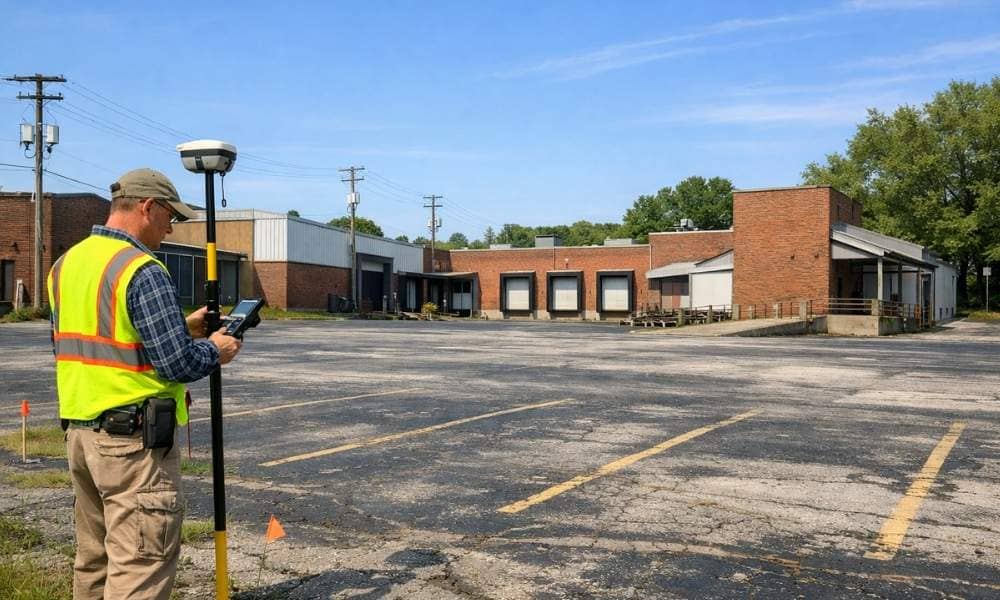 Land surveyor working at an older commercial property where ALTA survey cost can vary