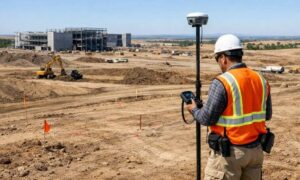 Land surveyor performing a topographic survey at a large data center construction site before foundation and utility work begins