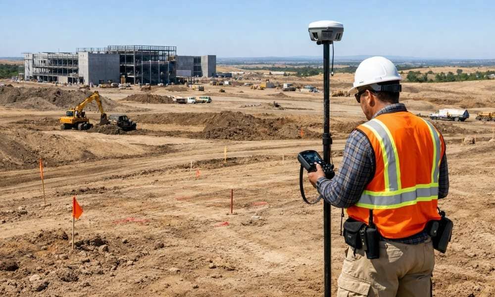 Topographic survey at a data center site - ALTA SURVEY Ohio Land surveyor performing a topographic survey at a large data center construction site before foundation and utility work begins