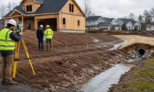 Topographic survey drainage new home construction - ALTA SURVEY Ohio Surveyor documenting elevations at a new home construction site with graded drainage channel and culvert for stormwater control