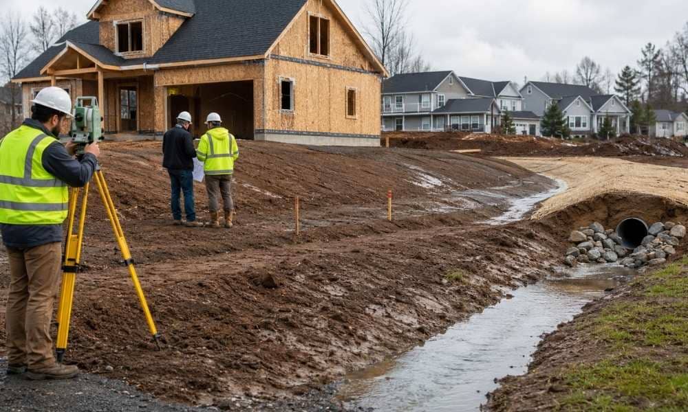 Surveyor documenting elevations at a new home construction site with graded drainage channel and culvert for stormwater control
