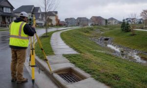 Surveyor collecting topographic survey data near a storm drain and drainage channel in Columbus, Ohio