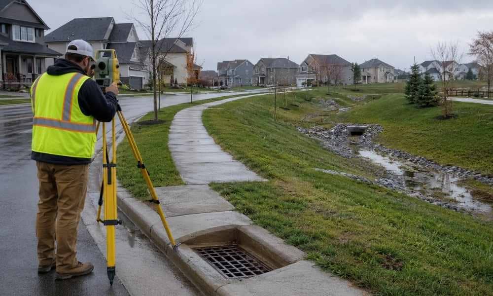 Topographic survey flood mitigation columbus ohio - ALTA SURVEY Ohio Surveyor collecting topographic survey data near a storm drain and drainage channel in Columbus, Ohio
