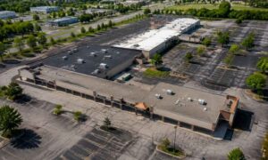 Aerial view of an aging retail center in Ohio with parking areas and site features reviewed during an ALTA survey