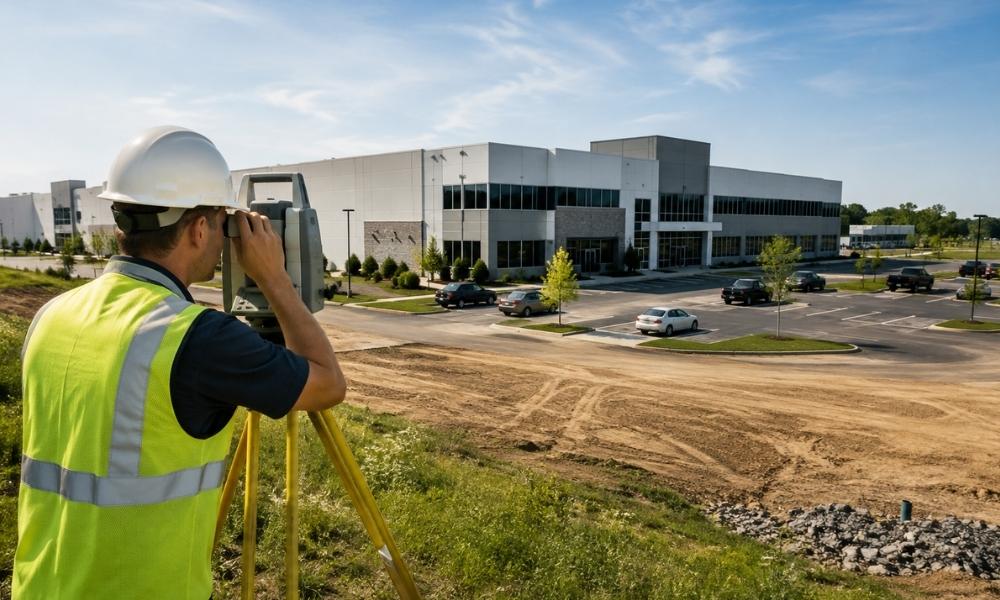 Land surveyor conducting an ALTA survey at a commercial expansion site in Ohio