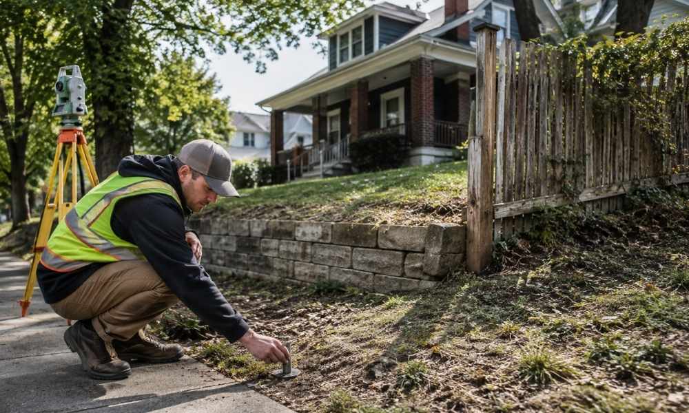 Cincinnati property line marker survey - ALTA SURVEY Ohio Surveyor locating a property line marker at a residential lot in Cincinnati, Ohio